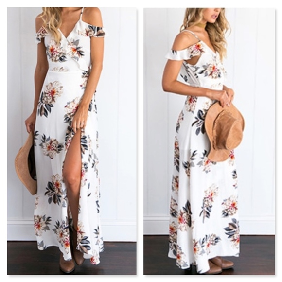 White Floral Ruffle Detail Off Shoulder Maxi Dress - Picture 6 of 8